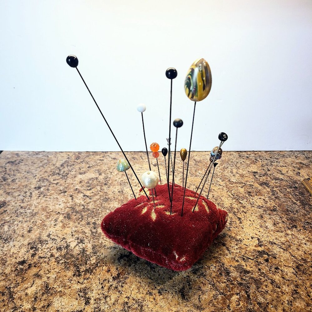 14 Vintage Hat Pins, Antique Hat Pins With Velvet Hat Pin Cushion